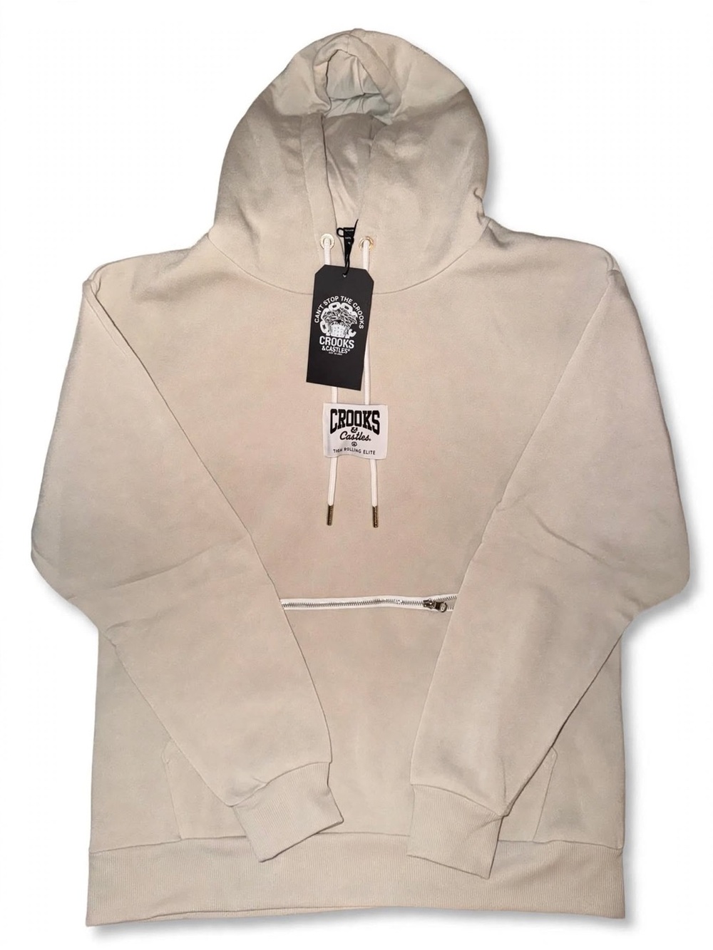 Crooks & Castles Cream Pullover Hoodie with Front Zip Pocket (Chalk)